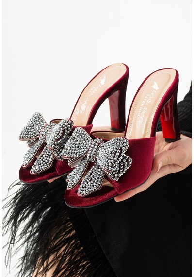 Lebibe Shoes Seravıa Kadın Bordo Kadife Taşlı Fiyonklu 9 Cm Topuklu Abiye Terlik