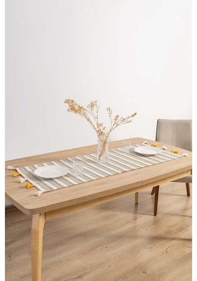 Rivaistanbul Ruffle Püsküllü Pamuklu Ham Keten Runner 50x130 Cm Açık Krem