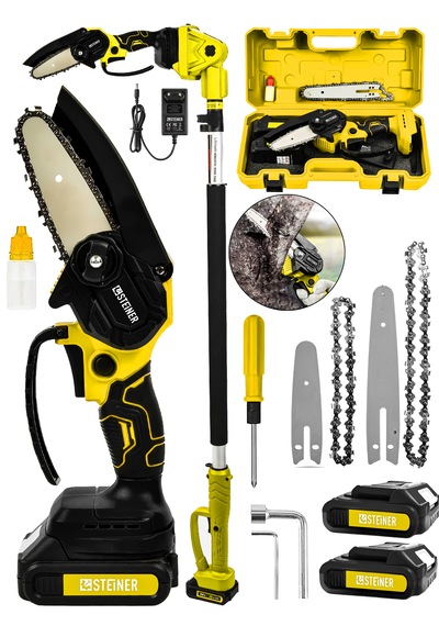 Steiner 18v Çift Akülü Çelik Şanzıman 15cm Dal Budama Testeresi Sarı + 2 Metre Teleskopik Sap