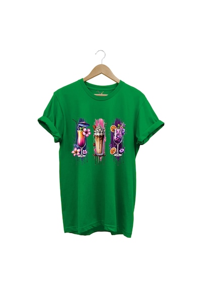 Milkshake Ve Kokteyl Temalı Renkli Yaz Baskılı %100 Pamuk Unisex Regular Fit T-shirt Yeşil