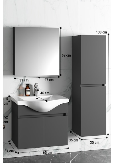 Yıldız 65+35 Cm Antrasit Gri Mdf Sepetli Asma Banyo Dolabı Takımı Antrasit - Gri
