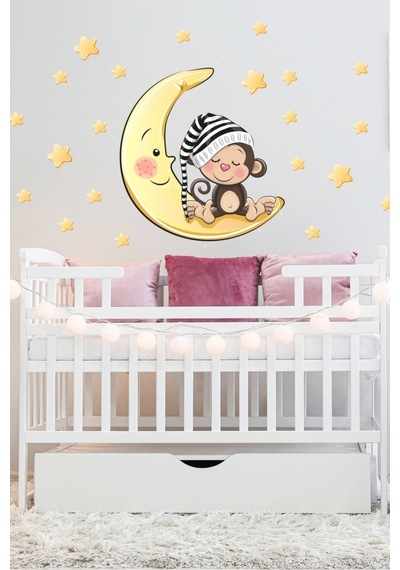 Sarı Ay Üzerinde Uyuyan Şapkalı Maymun Ve Yıldızlar Çocuk Odası Duvar Sticker