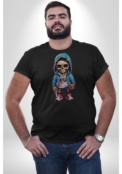 Hiphop Kurukafa Hoodie Unisex Unisex Siyah Organik Baskılı T-shirt Penye Yüksek Kalite Siyah