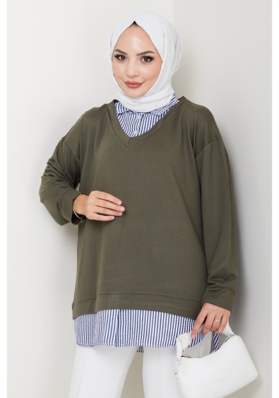 Bestenur Gömlek Yaka Oysho Tunik 1612 - Haki Haki