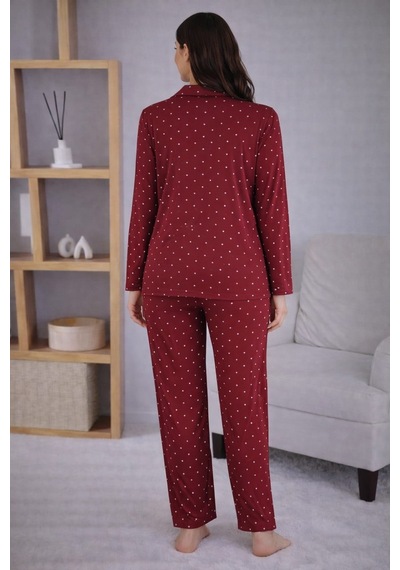 Pemilo Kadın 7124 Uzun Kol Düğmeli Pijama Takımı Bordo