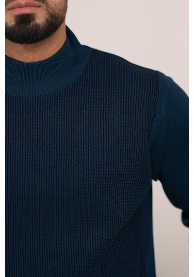 Woolen World Balıkçı Yaka Desenli Yünlü Erkek Triko Kazak Lacivert