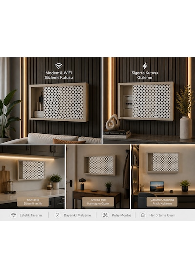 Modern Dekoratif Duvara Asılabilir Mdf Sigorta Ve Modem-wifi Saklama Kutusu 30x40 Cm Derinlik 10cm Bej