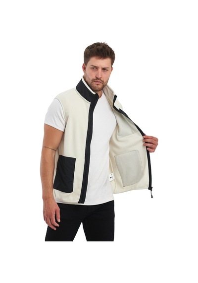 Adams Erkek Polar Kolsuz Çift Renk Yelek 3 Cepli Comfort Fit Ekru