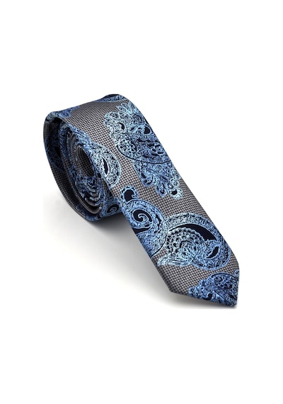 Gaffy Mavi Lacivert Şal Desenli Gri Dokuma Kumaş Mendilli Slim Fit Kravat // Sdk-240115 Çok Renkli