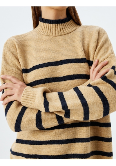 Koton Uzun Kollu Dik Yaka Oversize Kazak Lacivert Çizgili 5wak90575ht Lacivert Çizgili