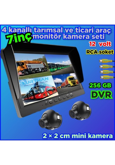 2 Adet 2 2 Cm Mini Kamera Ve 7 İnç Dvr Monitör 12 Volt 256 Gb