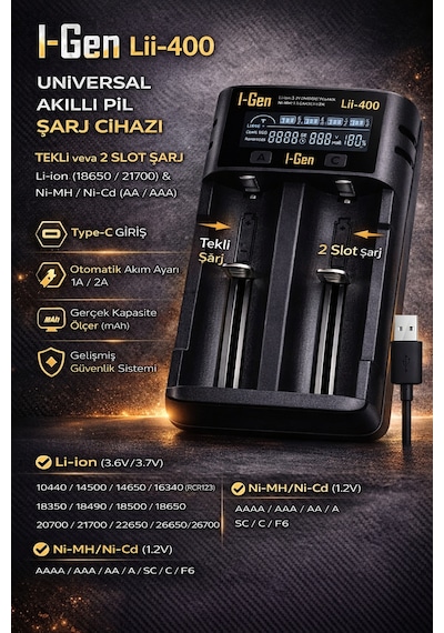 I-gen G220 2'li 18650 Li-ıon Akıllı Pil Şarj Aleti + 2 Adet 18650 2000mah 3.7v 7.4wh Li-ıon Pil Seti