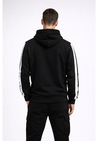 Barlashive Erkek Şeritli Kapüşonlu Sweatshirt Oversize 3 İplik Pamuklu Hoodie - Siyah Çok Renkli