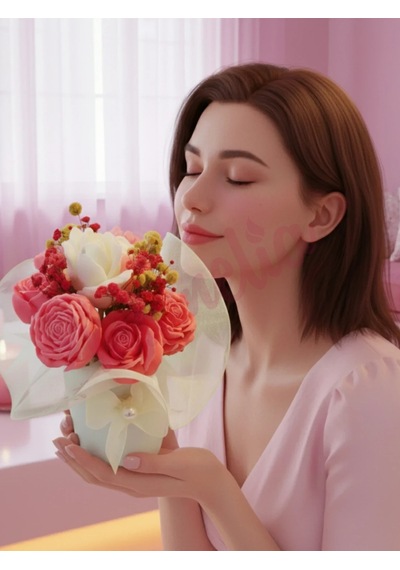 Mumelia Pastel Çiçekler - Doğal Soya Rose Gold Kutulu Mini Mum Buketi - Pembe