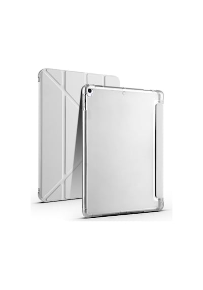 İpad 10.2 2021 9.nesil A2602-a2603-a2604-a2605 Uyumlu Kalem Bölmeli Dönebilen Üçgen Standlı Tri Folding Tablet Kılıfı - Gri - T18483