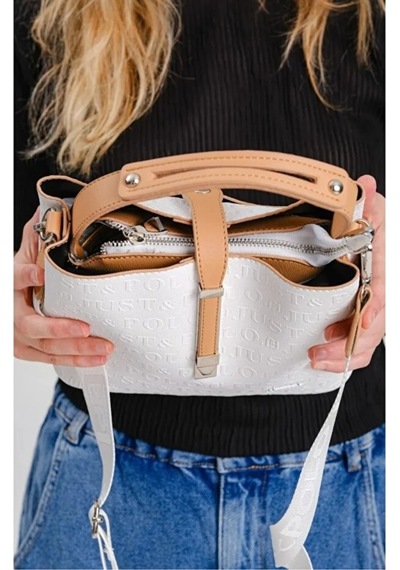 Just Polo Kadın Kabartma Baskılı Lüks El Ve Omuz Çantası Shopper Beyaz - Taba