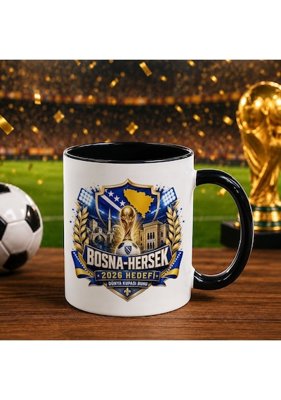 Bk Gift Bosna-hersek Taraftar Temalı Dünya Futbol Kupası Tasarımlı Siyah Kupa Bardak-4 Beyaz