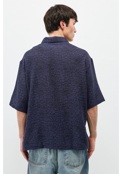 Vamos Oversize Desenli Kısa Kollu Gömlek Lacivert