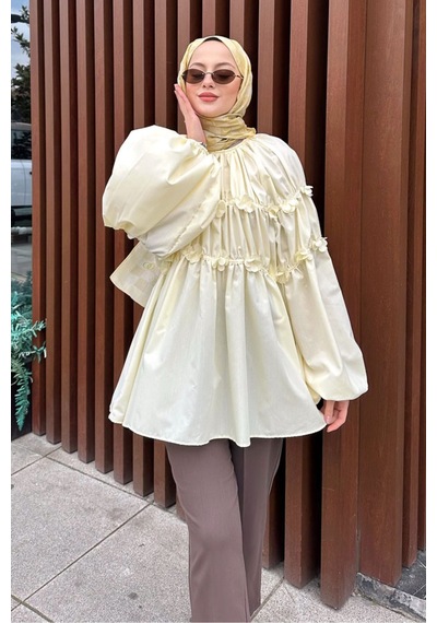 Unika Boutique Mini Çiçekli Kadın Tesetettür Gömlek Sarı