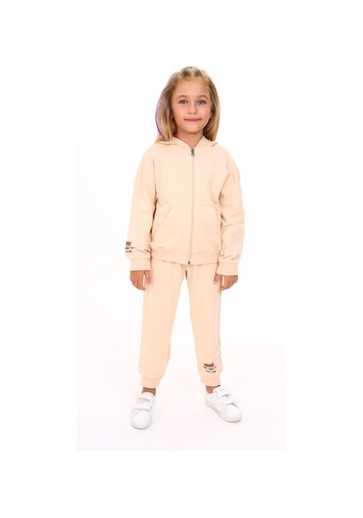 Toontoy Kids Toontoy Kız Çocuk Kapüşonlu Fermuarlı Baskılı Eşofman Takım Bej