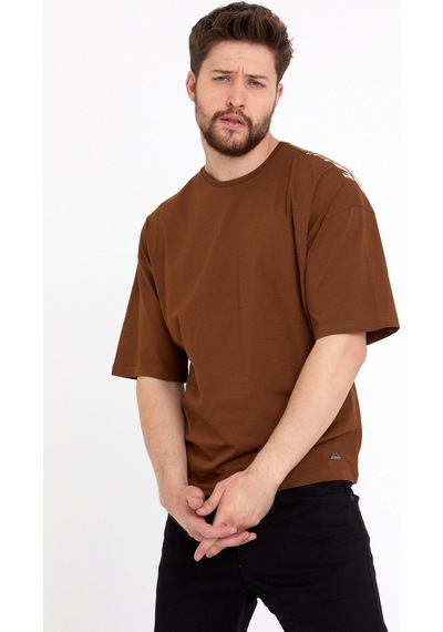 Erkek Oversize Baskılı T-shirt Taba