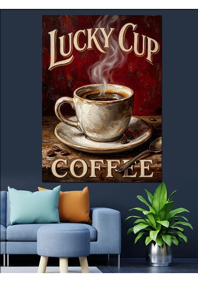 Lucky Cup Buharlı Kahve Afişi Dekoratif Kanvas - Mdf Ahşap Tablo