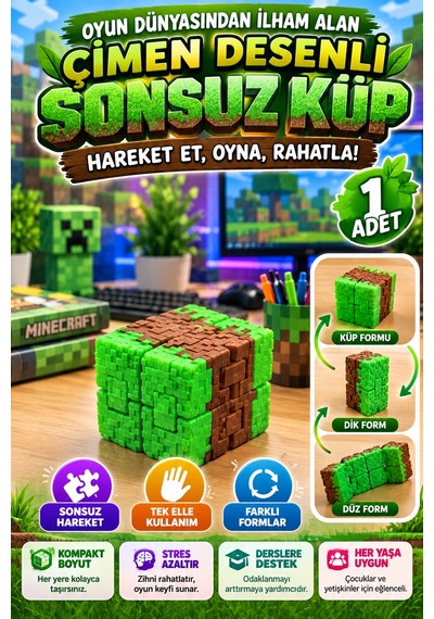 Çimen Desenli Infinity Cube Sonsuz Küp Hareketli Stres Küpü Katlanabilir Fidget Oyuncak 1 Adet Tr
