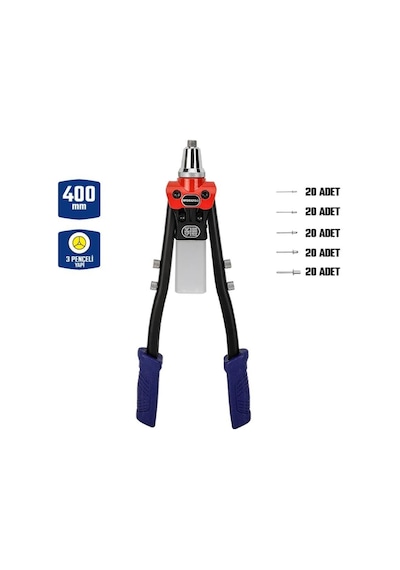 Workpro Wp225001 5 In 1 400mm Kollu Profesyonel Perçin Tabancası + 100 Adet Perçin Fr Wp225001