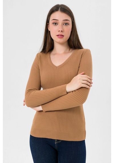Miss Poem Kadın V Yaka Slim Fit Fitilli Uzun Kışlık Camel Triko Kazak Camel