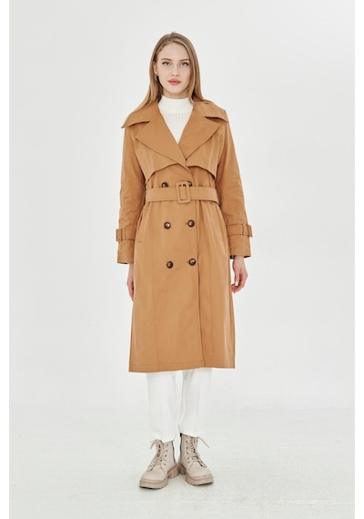 Pastelastore %100 Pamuk Gabardin Uzun 110cm Astarlı Kemerli Kadın Trençkot 1111 Tarçın