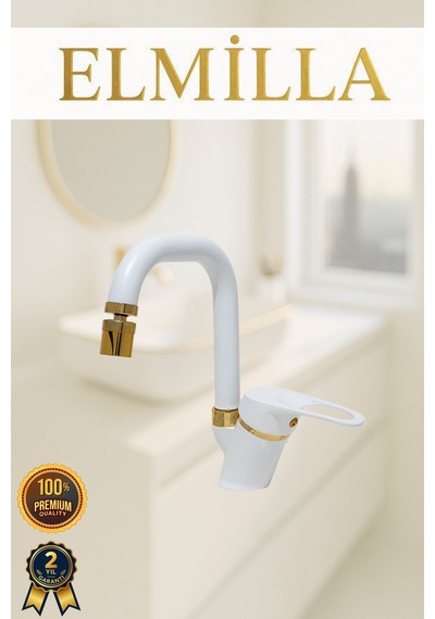 Beyaz Gold Banyo Lavabo Musluğu Bataryası Köşe Borulu Lüx Tasarım Çif Su Giriş Oynar Başlıklı