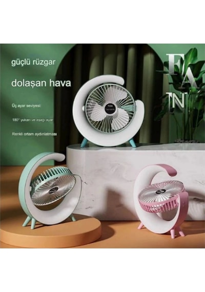 Masaüstü Vantilatör Usb Şarjlı Rgb Led Işıklı 3 Kademeli 180 Ayarlanabilir Soğutucu Fan Mavi