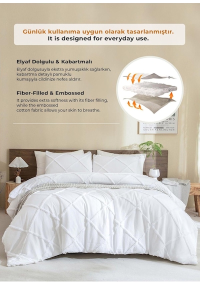 Evlen Home Pamuklu Aimar Yatak Örtüsü Takımı Tek Kişilik Günlük Boho 2 Parça Elyaf Dolgulu Beyaz Beyaz