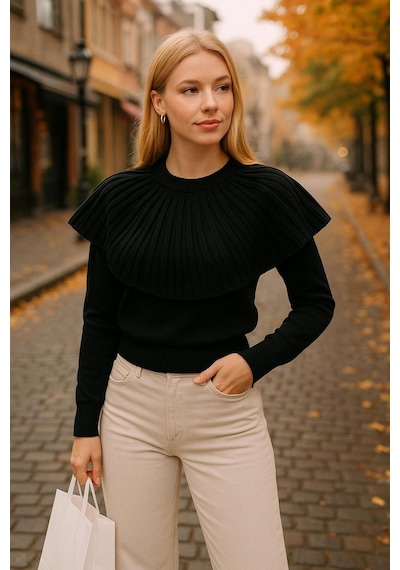 Hira Life Fashion Kadın Fırfır Detaylı Kısa Kazak Siyah Siyah