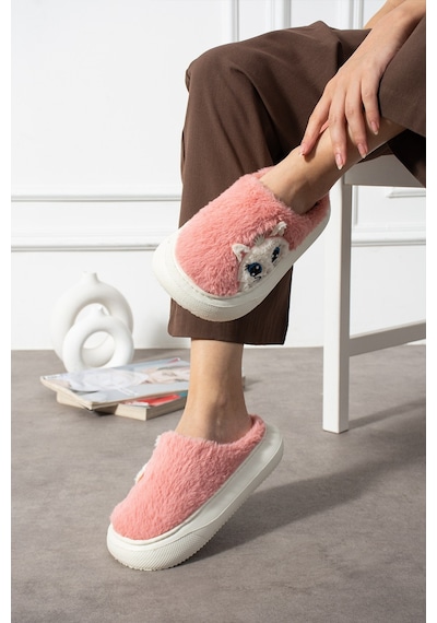 Polomia Comfort Poppy Berlin Kadın Figürü Sevimli Pijama Kedi Desen Peluşlu Hafif Kaymaz Eva Taban Kışlık Terlik Pudra