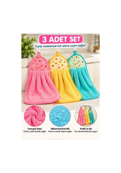Mucit Home Mutfak Havlusu 3 Adet Süper Emici Kurutma Havlusu Asılabilir Pembe