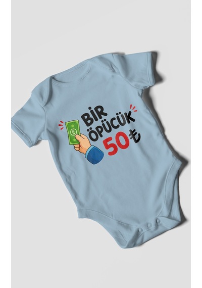 Morivokids Bir Öpücük 50tl Kısa Kollu Bebek Body %100 Pamuk Bebe Mavisi