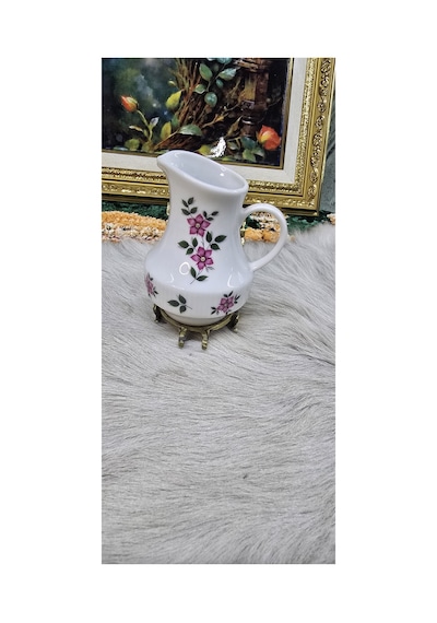 Vintage Çiçek Desenli Porselen Sütlük / Krema Sürahisi Ekru