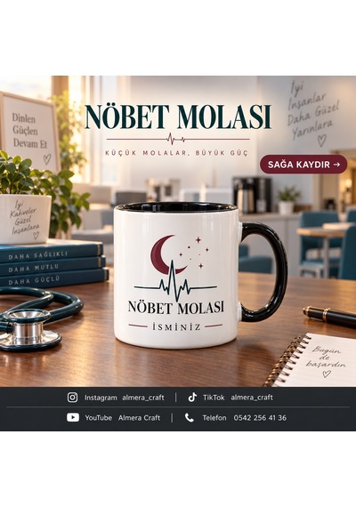 Almera Craft Kişiye Özel İsimli Nöbet Molası Kupa Bardak 300 Ml Siyah Kulplu Doktor Hemşire Hediyesi Beyaz-siyah