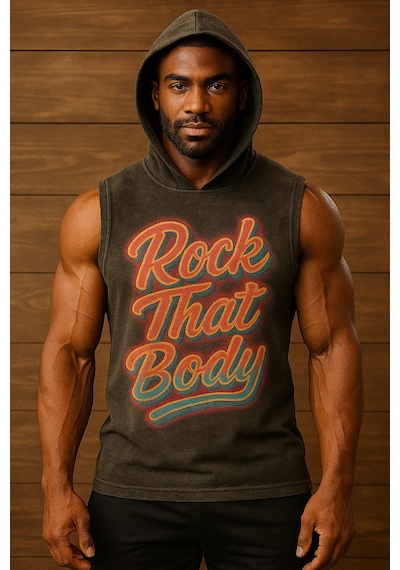 Technomonkey Siyah Erkek Kapüşonlu Antrenman Sporcu Atleti Oversize Yıkamalı Rockthatbody Baskılı Kolsuz T-shirt