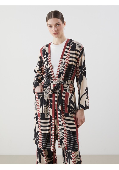 Lcw Modest Siyah Şal Yaka Desenli Oversize Kadın Kimono