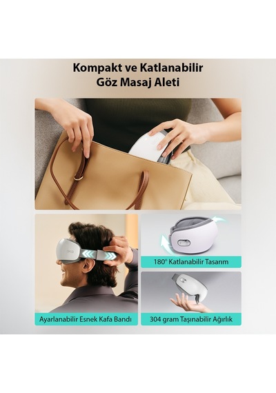 Es500 Göz Masaj Aleti Isı Terapili, Bluetooth Müzikli, Sessiz, Taşınabilir, 1500 Mah, Parlak Beyaz