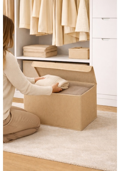 Serstil Orta Boy Kapaklı Kutu Hurç Kıyafet Battaniye Saklama Kutusu Organizer 50x40x30 Cm - Bej