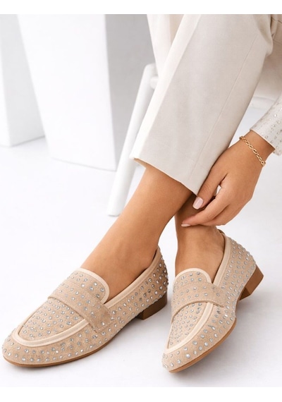 Mery Ceyn Taşlı Küt Kare Loafer Şık Babet Bej