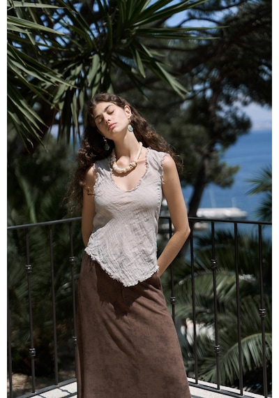 Mai Collection Mai Studios Co. Veilinas Asimetrik Vizon Keten Crop Vizon