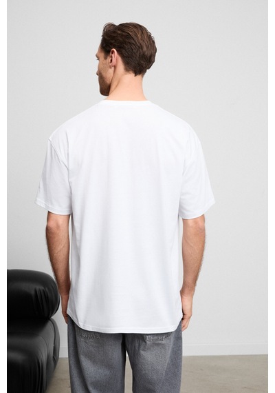Grımelange Gıano Erkek Organik Pamuklu Bisiklet Yakalı Baskı Detaylı Oversıze Beyaz T-shirt Beyaz