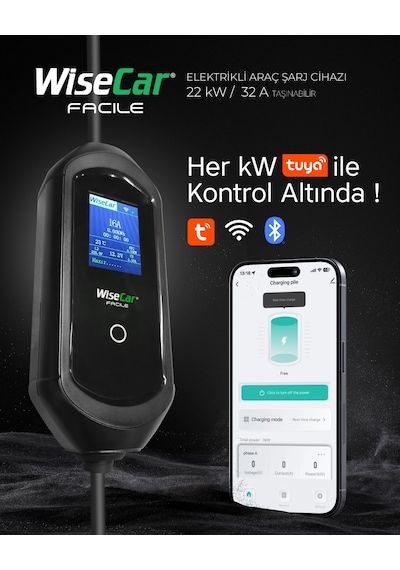 Wisecar Facile 22 Kw 32a Mobil Uygulamalı Taşınabilir Elektrikli Araç Şarj Cihazı Tuya Smart Wifi + Bluetooth 11-22kw