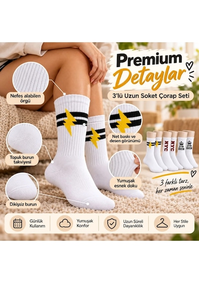 Bezos Kadın Spor Çorap Beyaz Yazılı 3'lü Set Uzun Soket Pamuklu Dikişsiz Nefes Alan Spor Konforlu Çoraplar Nxrlvng