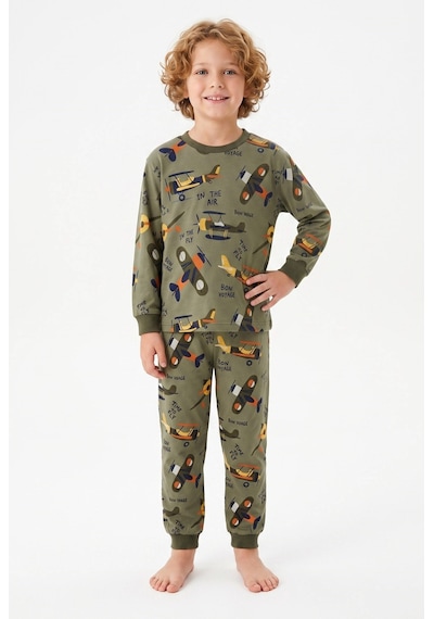 Bunny Hopp Vintage Uçak Desenli %100 Pamuk Süprem Penye Kumaş Uzun Kollu Erkek Çocuk Pijama Takımı Yeşil
