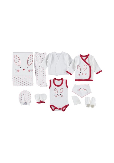 Mdrandy 10 Lu Kulaklı Rabbit Lüx Set Zıbın Seti Hastane Çıkışı %100 Pamuklu Kırmızı